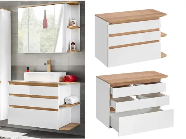 Curved Bathroom Vanity Unit Wall Hung Cabinet with Countertop and Drawers Modern White Gloss and Oak - Platinum - image 1