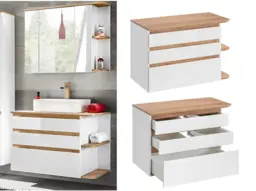 Curved Bathroom Vanity Unit Wall Hung Cabinet with Countertop and Drawers Modern White Gloss and Oak - Platinum - thumbnail 1