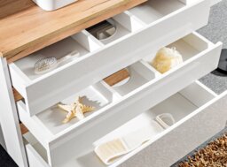 Curved Bathroom Vanity Unit Wall Hung Cabinet with Countertop and Drawers Modern White Gloss and Oak - Platinum - thumbnail 3