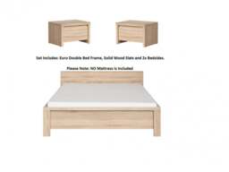Bedroom Furniture Set Euro 140cm Double Bed Frame Solid Wood Slats 2 Bedsides Sonoma Oak Effect - Kaspian - thumbnail 2