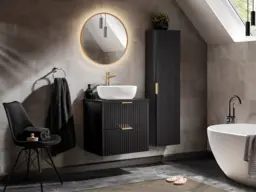 Black Bathroom Furniture Set Vanity Unit 600mm Worktop Basin Floating Modern Fluted Ribbed Luxury Cabinets - Adel - thumbnail 1