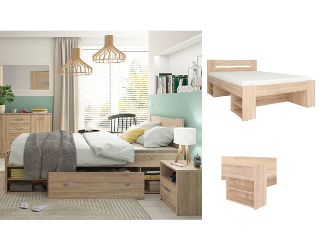 Double Bed Frame Storage Shelves Wooden Euro 140cm Bed Slats Sonoma Oak Finish - Nepo - image 1