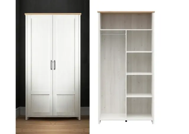 2 Door Wardrobe Storage Cabinet with Extra Shelving Scandi White Pine and Oak Effect - Loksa - image 1