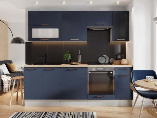 Kitchen Cabinets Set Navy Blue 8 Cupboards Complete with Oven Housing and Glass Unit Bundle - Nora - image 1