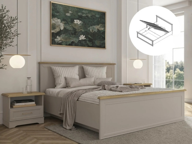 King Size Ottoman Bed with Bedside Tables Storage Cabinets Bedroom Furniture Set Euro 160cm Beige and Oak - Anga - image 1