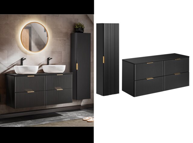 Bathroom Furniture Set Black Double Vanity Drawer Cabinet 1200mm Worktop Tall Wall Unit Floating Wall Mounted Adel - image 1