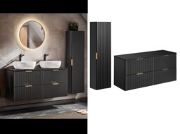 Bathroom Furniture Set Black Double Vanity Drawer Cabinet 1200mm Worktop Tall Wall Unit Floating Wall Mounted Adel