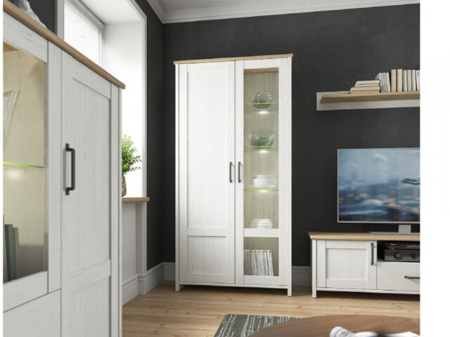 Tall Glass Display Cabinet Scandi 2 Door Shelving Unit LED Lights White Pine and Oak Effect - Loksa - image 1