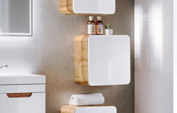Small Bathroom Cabinet Wall Mounted Square Storage Unit Modern Floating Cube White Gloss and Oak Scandi - Aruba - thumbnail 1