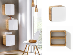 Small Bathroom Cabinet Wall Mounted Square Storage Unit Modern Floating Cube White Gloss and Oak Scandi - Aruba - thumbnail 2
