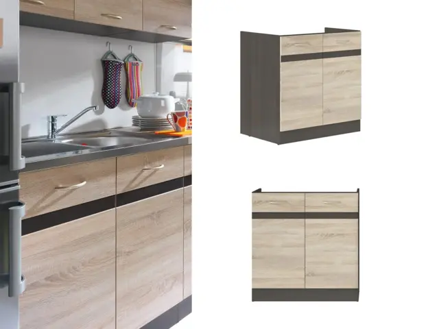 Under Sink Cabinet 800mm Kitchen Sink Unit 2 Door Cupboard Dark Wood Wenge / Oak Effect - Junona - image 1