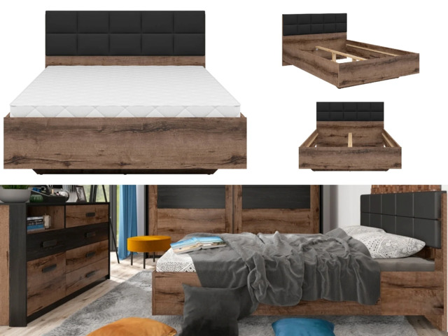 Dark Wood Double Bed Frame Luxury Oak Effect with Black Eco Leather Headboard Solid Slats Floating Style - Kassel - image 1