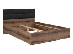 Dark Wood Double Bed Frame Luxury Oak Effect with Black Eco Leather Headboard Solid Slats Floating Style - Kassel - thumbnail 4