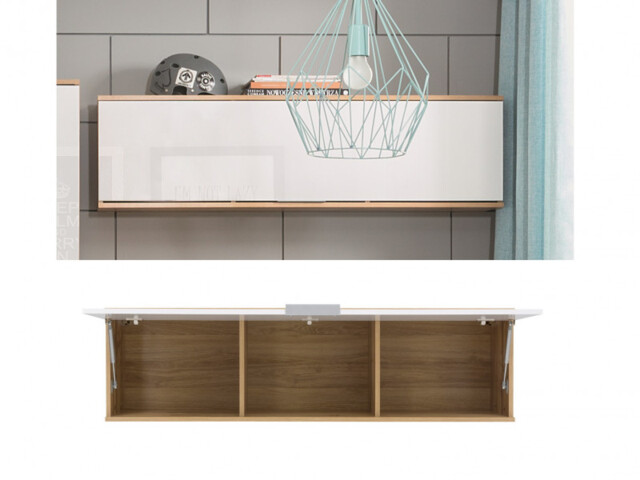 Wall Cupboard Living Room Cabinet Lounge Wall Unit Modern Lift Up Door Storage White Gloss and Oak Effect - Zele - image 1