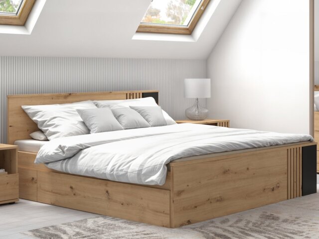 King Size Bed with Storage Euro 160cm King Underbed Wheeled Drawer Wood Slats Black and Oak with Panelling – Vabres - image 1