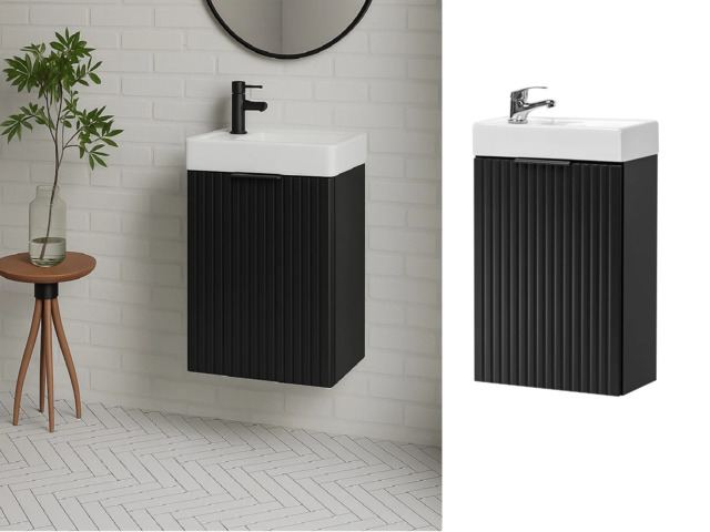 Cloakroom Vanity Unit with Small Sink Wash Basin Slimline Black Fluted Ribbed 400mm Wall Hung Cabinet - Adel - image 1