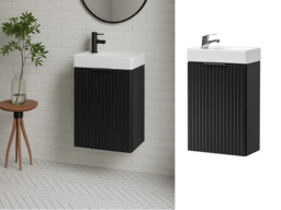 Cloakroom Vanity Unit with Small Sink Wash Basin Slimline Black Fluted Ribbed 400mm Wall Hung Cabinet - Adel - thumbnail 1