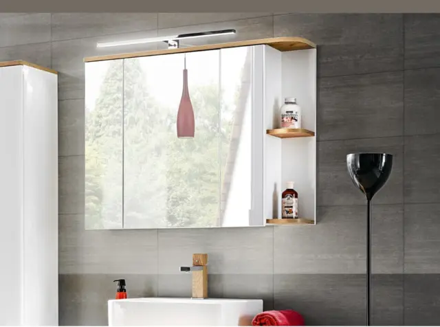 Bathroom Mirror Cabinet with Light and Shelf Modern Wall Unit White Gloss and Oak Storage - Platinum - image 1