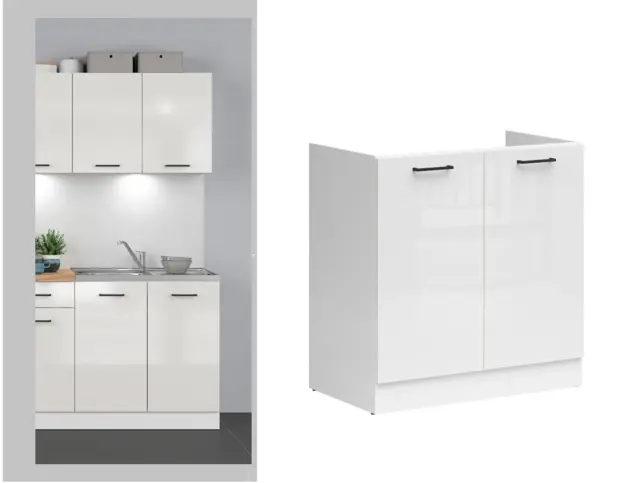 Under Sink Kitchen Cabinet 800mm Sink Unit Modern Free Standing Cupboard White Chalk Gloss - Junona - image 1