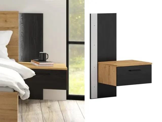 Bedside Table with LED Lights Right Side Cabinet with Drawer Nightstand Oak and Black – Maio - image 1