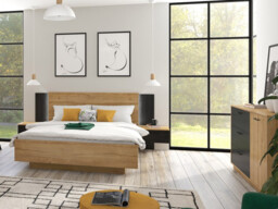 Bedside Table with LED Lights Right Side Cabinet with Drawer Nightstand Oak and Black – Maio - thumbnail 2
