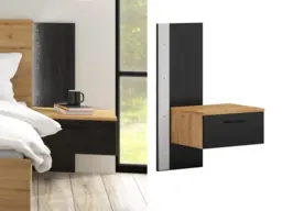 Bedside Table with LED Lights Right Side Cabinet with Drawer Nightstand Oak and Black – Maio - thumbnail 1