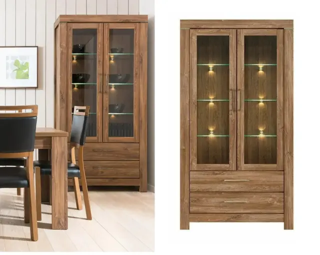 Modern Tall Display Glass Cabinet Large 2 Door Buffet Unit LED Lights Oak Effect - Gent - image 1
