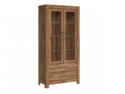 Modern Tall Display Glass Cabinet Large 2 Door Buffet Unit LED Lights Oak Effect - Gent - thumbnail 4