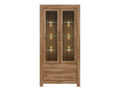 Modern Tall Display Glass Cabinet Large 2 Door Buffet Unit LED Lights Oak Effect - Gent - thumbnail 3