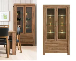 Modern Tall Display Glass Cabinet Large 2 Door Buffet Unit LED Lights Oak Effect - Gent