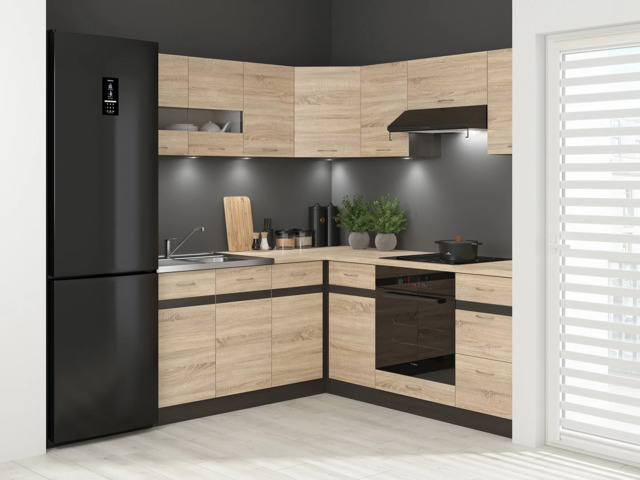 Kitchen Left Corner Set 11 Cabinet Unit Oak Wenge Effect Freestanding Cupboard Complete DIY Fitted Kitchen - Junona - image 1