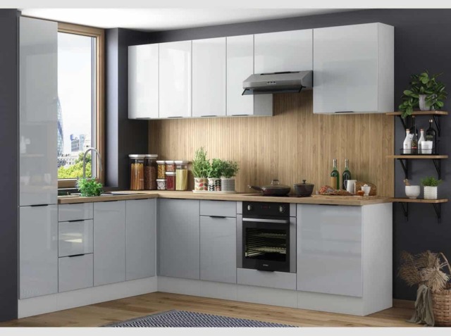 Kitchen Corner Cabinets L Shaped Set of 12 Units Larder Cupboard Oven Housing Light Grey Gloss - Star - image 1