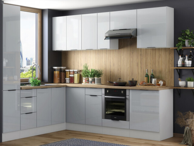 Kitchen Corner Cabinets L Shaped Set of 12 Units Larder Cupboard Oven Housing Light Grey Gloss - Star - image 1