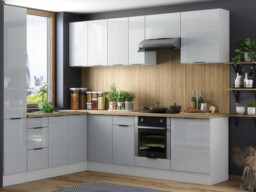 Kitchen Corner Cabinets L Shaped Set of 12 Units Larder Cupboard Oven Housing Light Grey Gloss - Star - thumbnail 1