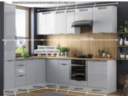 Kitchen Corner Cabinets L Shaped Set of 12 Units Larder Cupboard Oven Housing Light Grey Gloss - Star - thumbnail 2