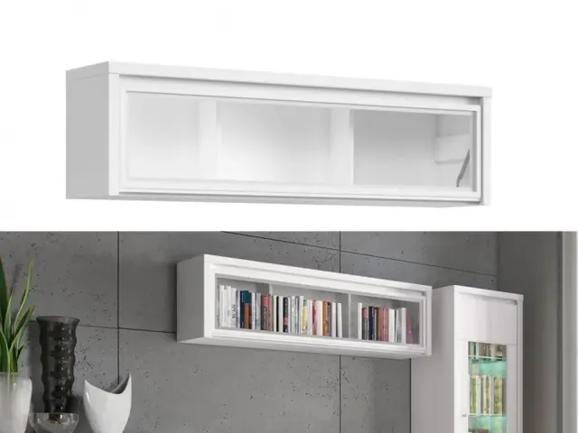 White Wall Hung Cabinet Glass Display Unit Living Room Glazed Shelf - Kaspian - image 1