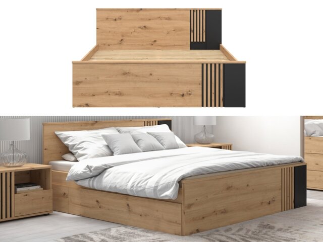King Size Bed Frame Euro 160cm King Size Solid Wood Bed Slats Black and Oak with Panelled Slats – Vabres - image 1