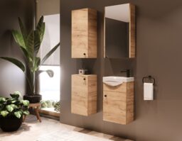 Bathroom Vanity Unit with Basin 400mm Cloakroom Wall Hung Small Narrow Sink Cabinet Oak - Avir - thumbnail 3