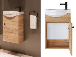Bathroom Vanity Unit with Basin 400mm Cloakroom Wall Hung Small Narrow Sink Cabinet Oak - Avir - thumbnail 2