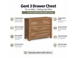 Chest of Drawers 115cm Wide 3 Drawer Storage Dresser Modern Farmhouse Oak Effect - Gent - thumbnail 4