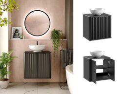 Black Bathroom Vanity Unit Countertop Basin Wall Hung Cabinet 600mm Ribbed Fluted Modern Narrow Slim Design - Nero