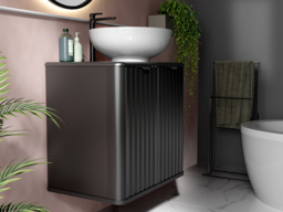 Black Bathroom Vanity Unit Countertop Basin Wall Hung Cabinet 600mm Ribbed Fluted Modern Narrow Slim Design - Nero - thumbnail 2