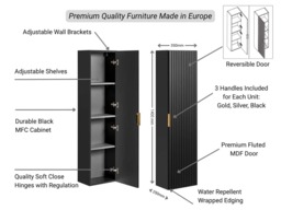 Tall Bathroom Cabinet Black Slim Narrow Storage Unit Ribbed Fluted Floating Tallboy - Adel - thumbnail 4