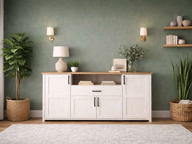 Extra Long Sideboard Cabinet with Drawer Large Wide Dresser White Pine and Oak Effect - Loksa - image 1
