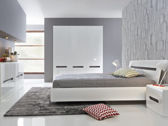 White High Gloss King Size Bedroom Furniture Set Bed Frame Wardrobe Sideboard Bedside Cabinet - Azteca Trio - image 1