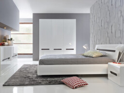 White High Gloss King Size Bedroom Furniture Set Bed Frame Wardrobe Sideboard Bedside Cabinet - Azteca Trio - thumbnail 1