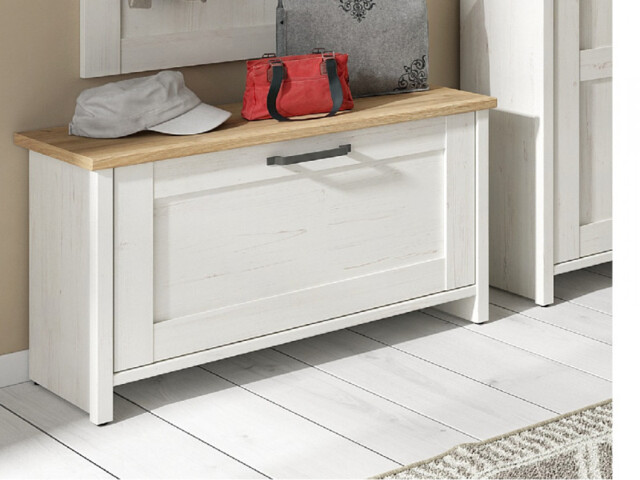 Shoe Storage Cabinet Hallway Bench Scandi Soft Close Drop Down Door White Pine and Oak Effect Top Unit - Loksa - image 1