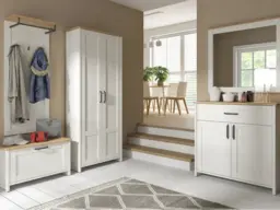 Shoe Storage Cabinet Hallway Bench Scandi Soft Close Drop Down Door White Pine and Oak Effect Top Unit - Loksa - thumbnail 2
