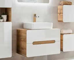 Wall Hung Bathroom Cabinet 800mm Sink Unit Countertop Storage Drawers with Basin White Gloss Oak - Aruba