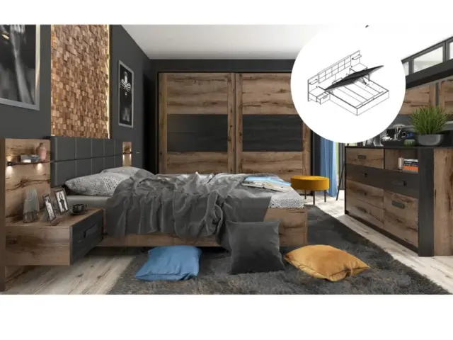 King Size Bedroom Furniture Set Ottoman Lift Up Storage Bed Bedside Cabinets Sideboard Sliding Wardrobe LED Lights Oak / Black - Kassel - image 1